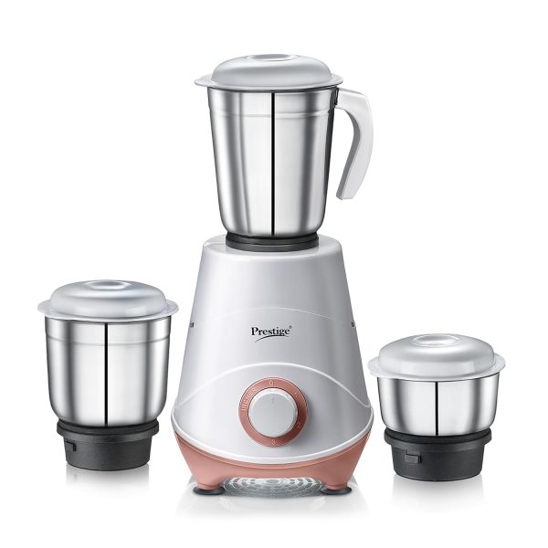 Prestige 500W Nexus Mixer Grinder with 3 Stainless Steel jars|1200ml Wet Jar,800ml dry jar, 400ml chutney jar|3 Super-efficient Blades|3 motor setting|Sturdy Handles |2 Yrs Warranty|White & Rose Gold